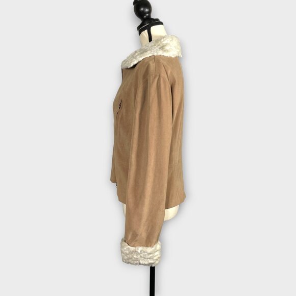 ABS by Allen Schwartz Jacket 12 Faux Fur Trim Tan Camel Fully Lined EUC - Picture 2 of 8